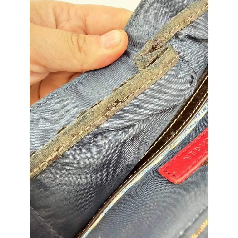 Tommy Hilfiger Monogram Wristlet Clutch Wallet Brown Canvas Red Blue Stripe